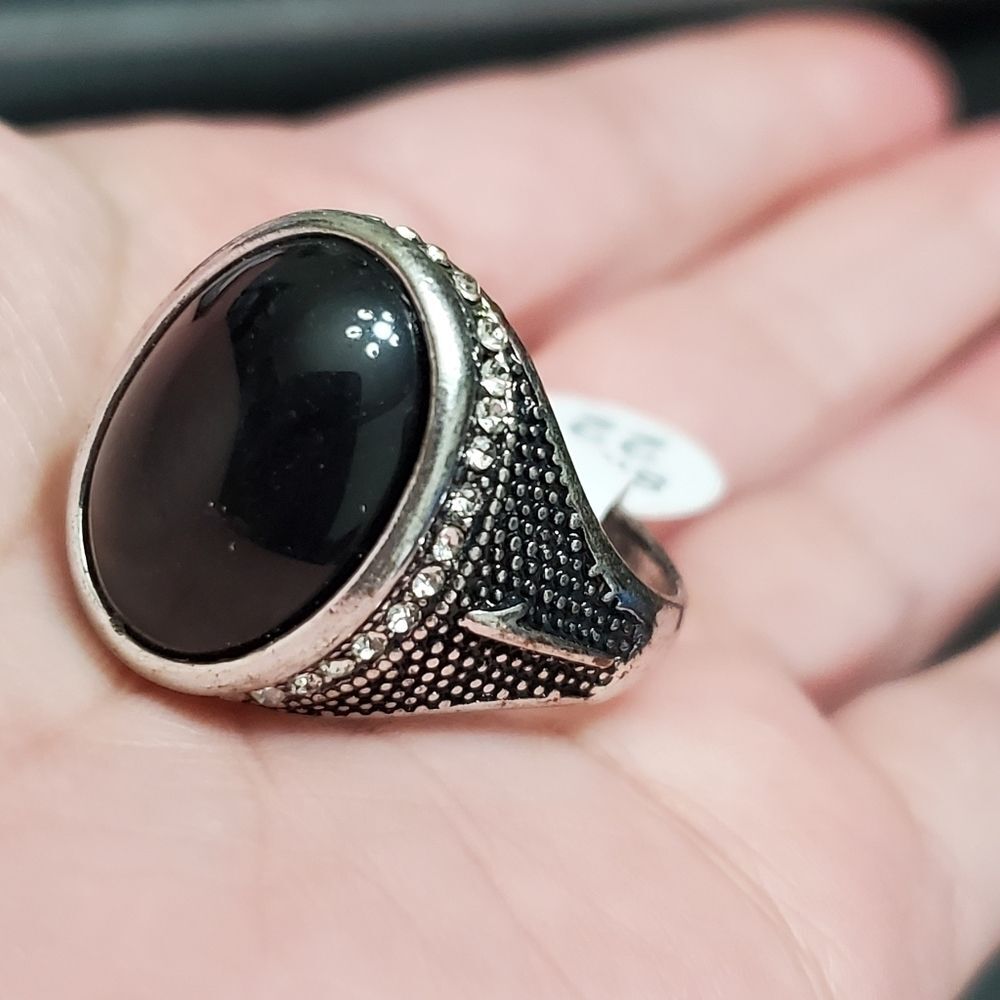 Silver tone black bead rhinestone ring size 12.75